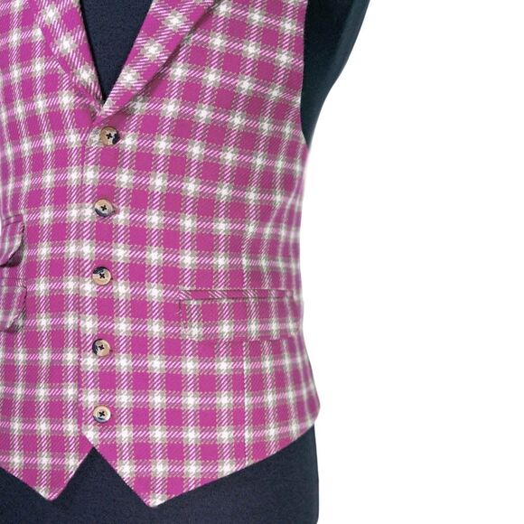 Mens Plaid Vest 42R Pink White Lambswool Waistcoat Formal Wedding Prom Party - Picture 6 of 10